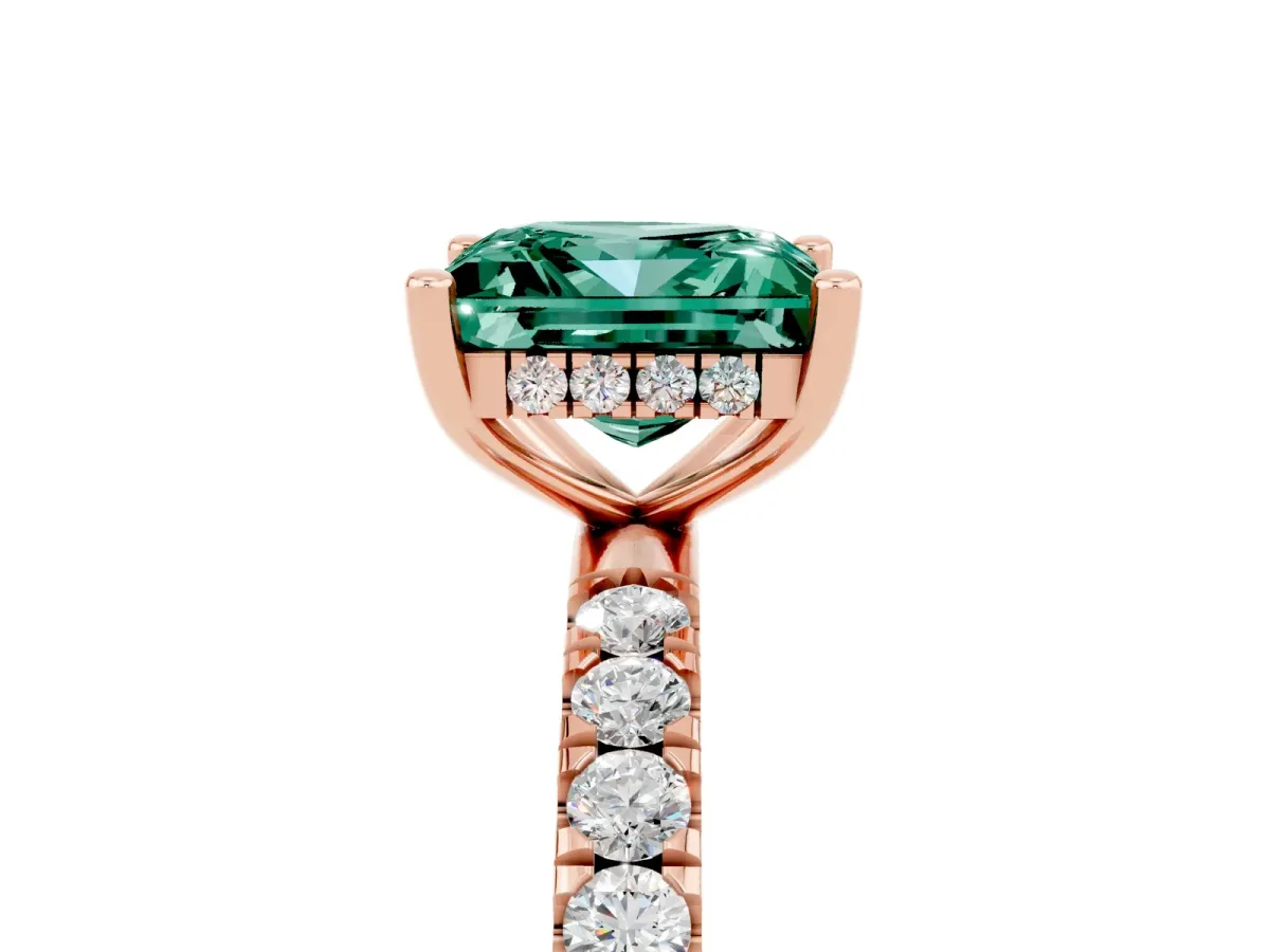 Princess Cut Green Sapphire Pave Band Solitaire Ring with Round and Prong Setting Rose gold
