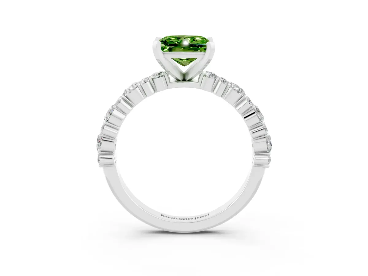 Princess Cut Peridot Side Stone Solitaire Ring with Round and Four-Prong Setting Platinum