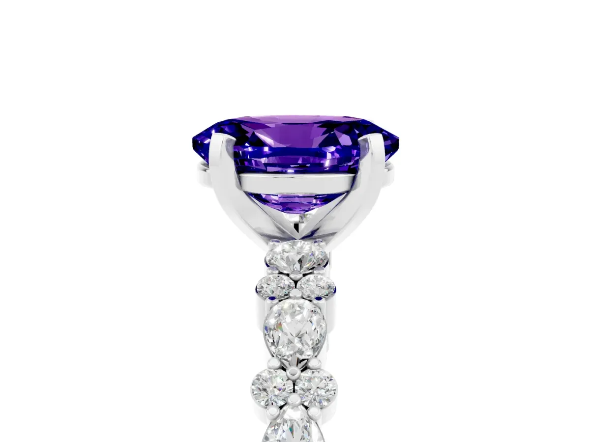 Oval Cut Tanzanite Side Stone Solitaire Ring with Round and Four-Prong Setting White gold