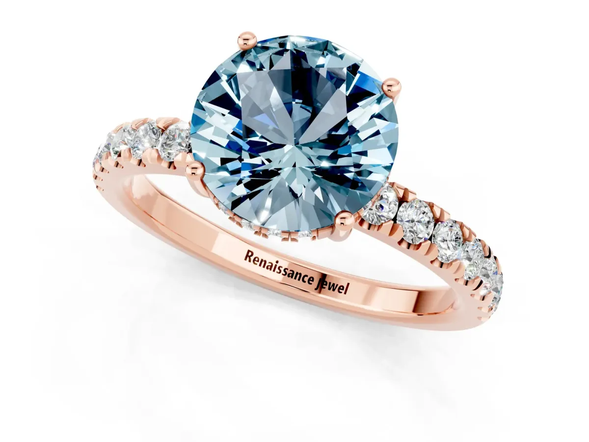 Round Cut Aquamarine Pave Band Solitaire Ring with Round and Prong Setting Rose gold