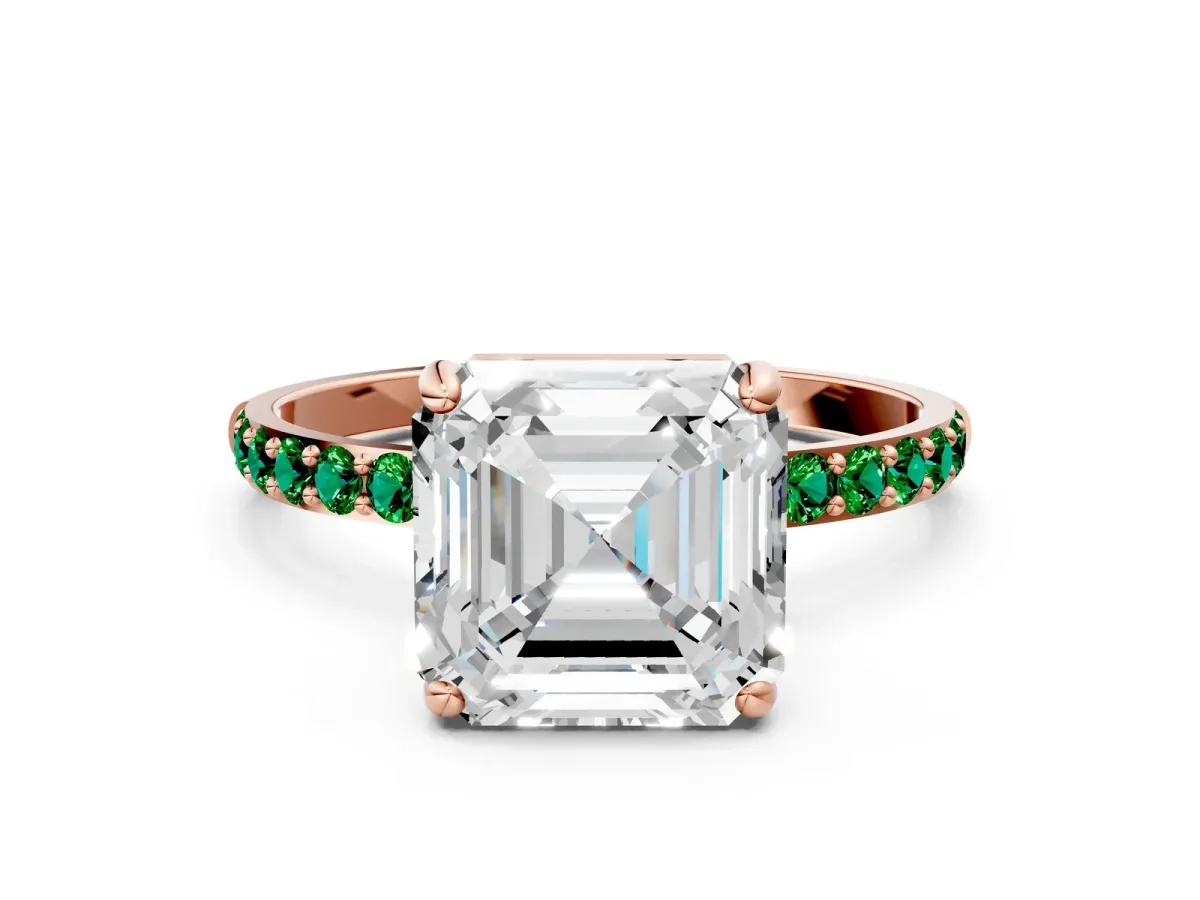 Asscher Cut Diamond Solitaire Ring with Round Emerald Pavé Band and Prong Setting Rose gold