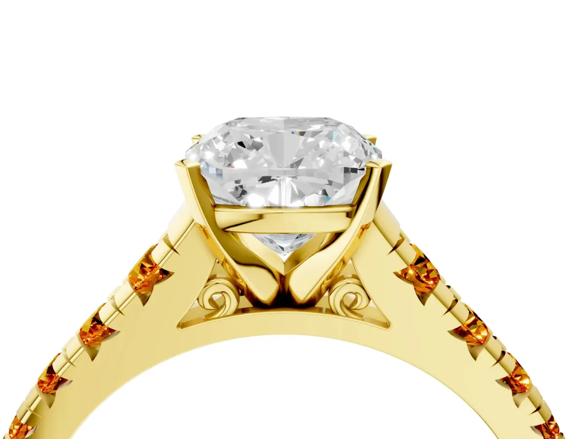 Cushion Cut Diamond Cathedral Solitaire Ring with Round Citrine Pavé Band Yellow gold