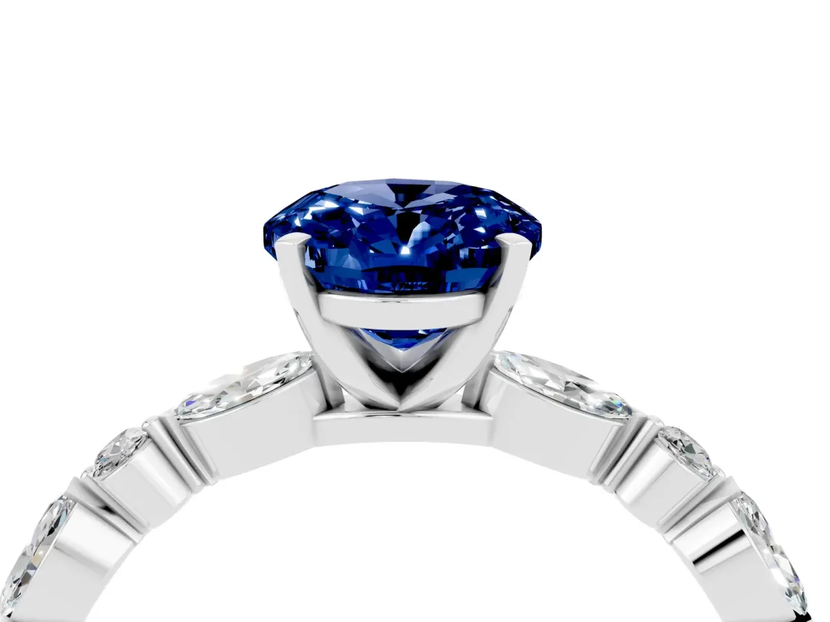 Oval Cut Blue Sapphire Ring with Marquise and Round Side Stones and Four-Prong Setting Silver