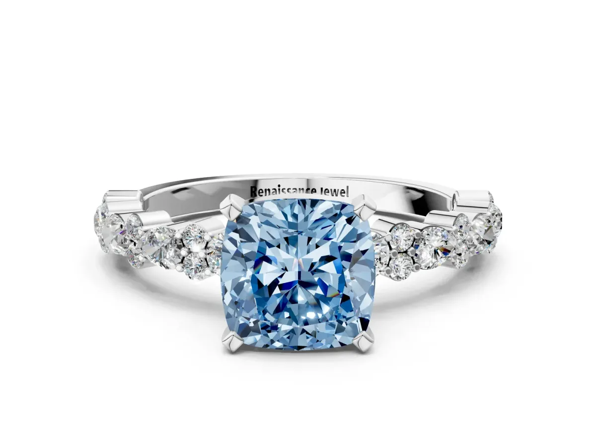Fancy Blue Cushion Cut Diamond Side Stone Solitaire Ring with Round and Four-Prong Setting Platinum