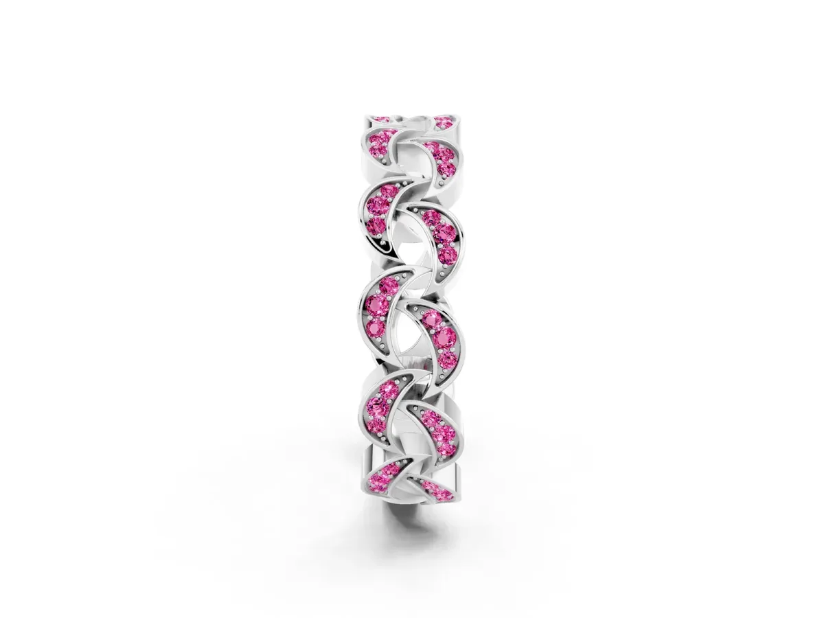 Pavé Round Pink Sapphire Interlocking Eternity Band with Bezel Prong Setting Platinum