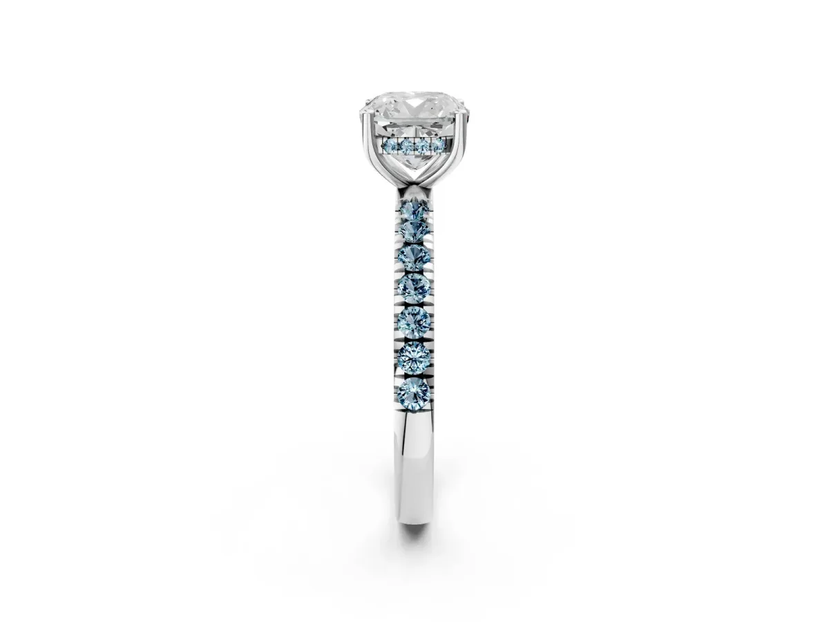 Cushion Cut Diamond Pave Band Solitaire Ring with Round Aquamarine and Prong Setting Silver