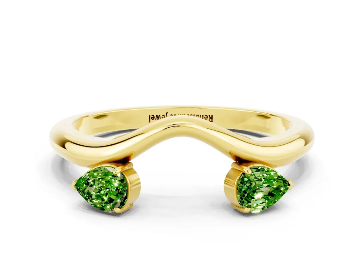 Pear Cut Peridot Two-Stone Open Band Ring with Prong Setting Yellow gold
