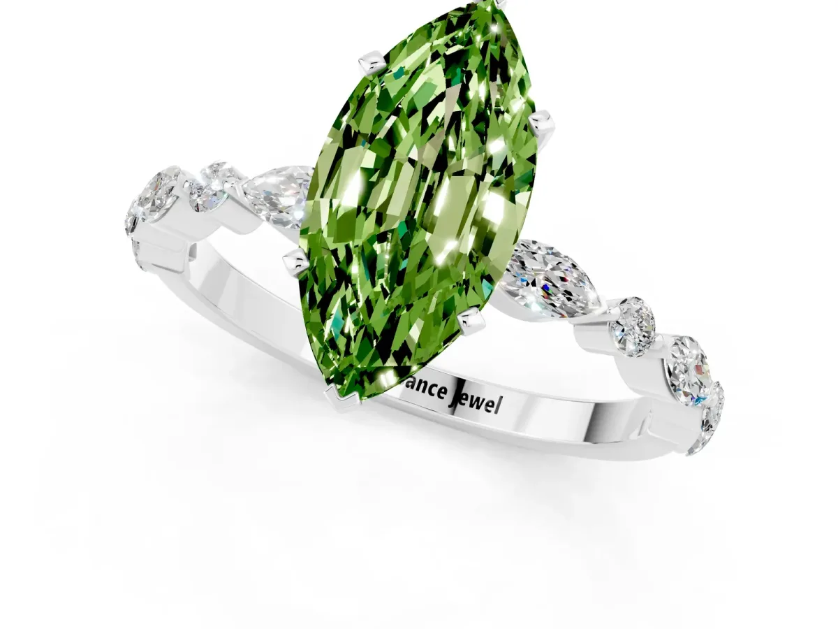 Marquise Cut Peridot Ring with Marquise and Round Side Stones and Four-Prong Setting Platinum