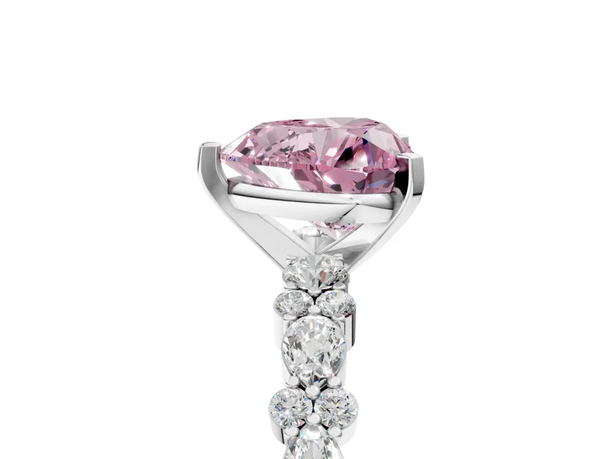 Fancy Pink Heart Cut Diamond Side Stone Solitaire Ring with Round and Four-Prong Setting White gold