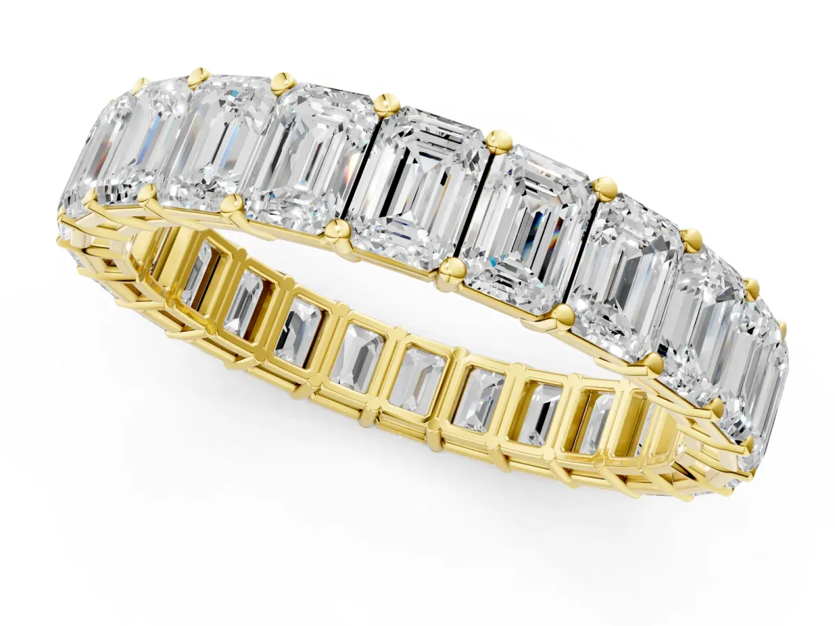 Emerald Cut Diamond Eternity Band with Shared Prong Setting Yellow gold