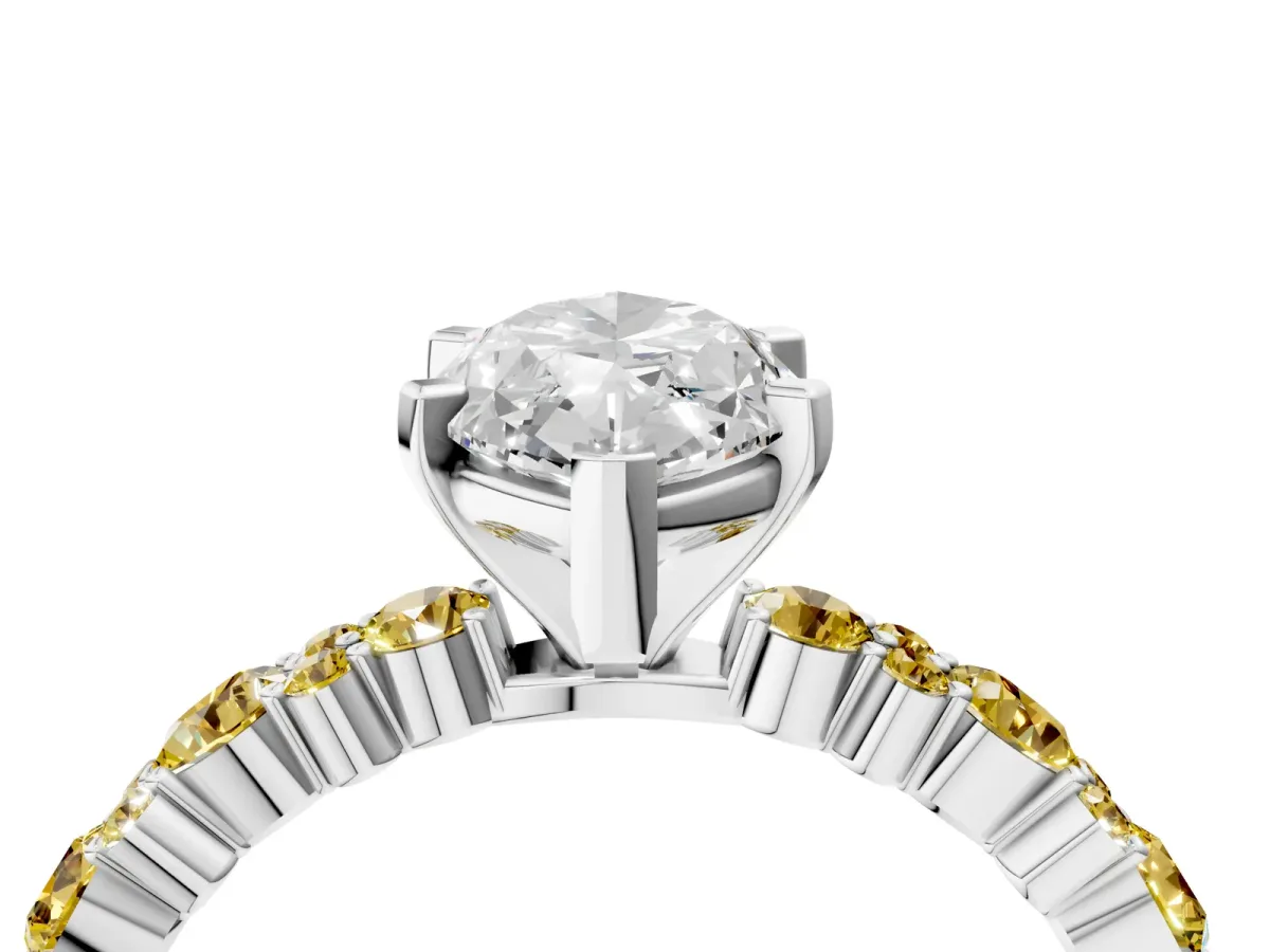 Marquise Cut Diamond Side Stone Solitaire Ring with Round Yellow Sapphire and Four-Prong Setting Platinum