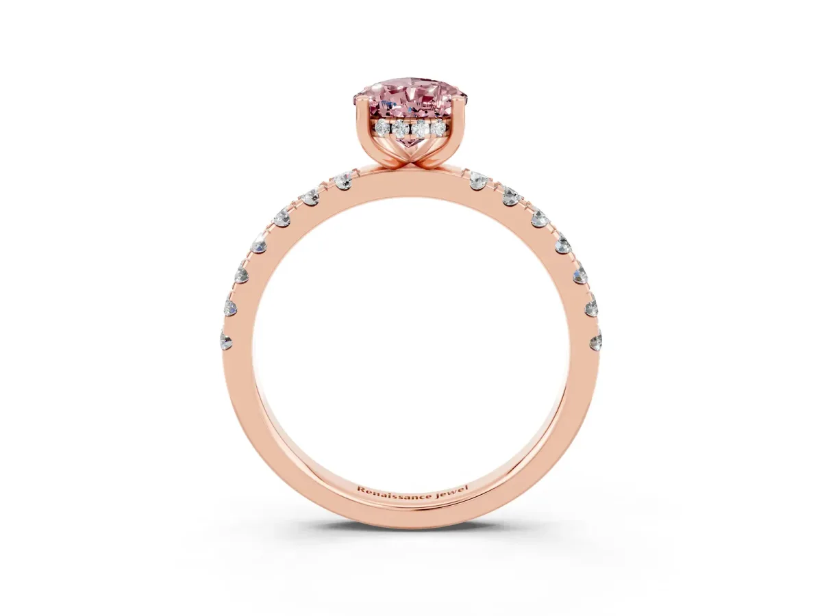 Pear Cut Morganite Pave Band Solitaire Ring with Round and Prong Setting Rose gold