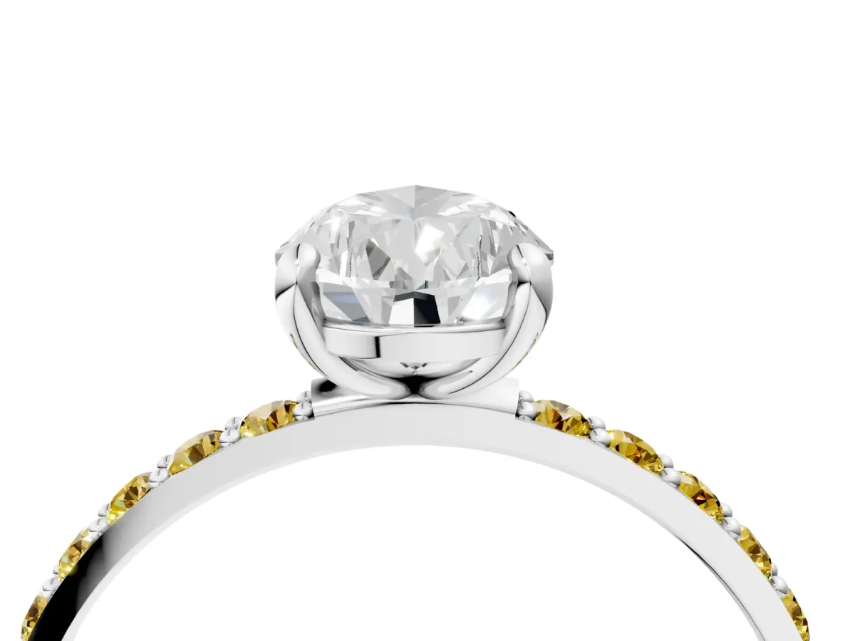 Pear Cut Diamond Solitaire Ring with Round Yellow Sapphire Pavé Band and Prong Setting Platinum