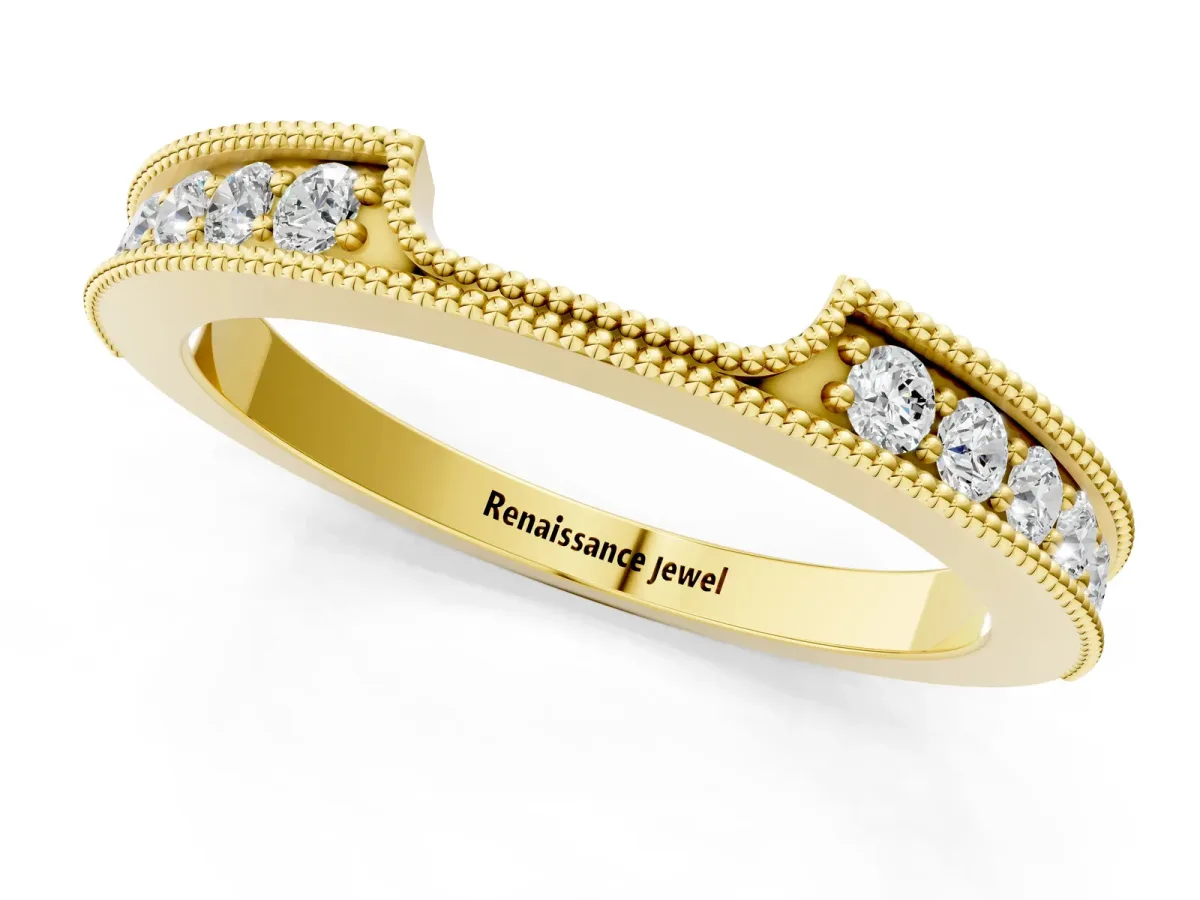 Round Cut Pavé Diamond Contour Band with Milgrain Detailing Yellow gold