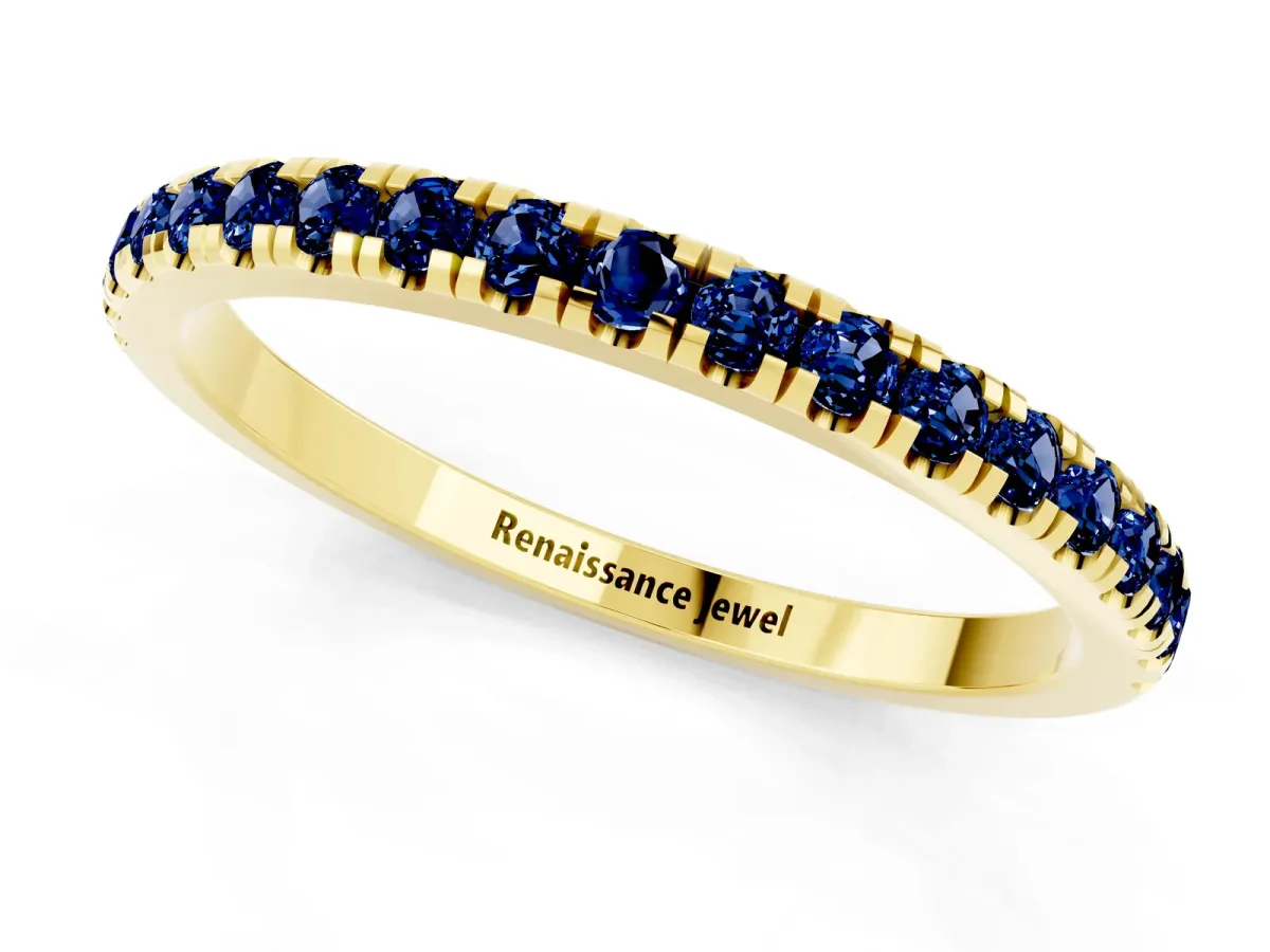 Pavé Round Blue Sapphire Half Eternity Band with Shared Prong Setting Yellow gold