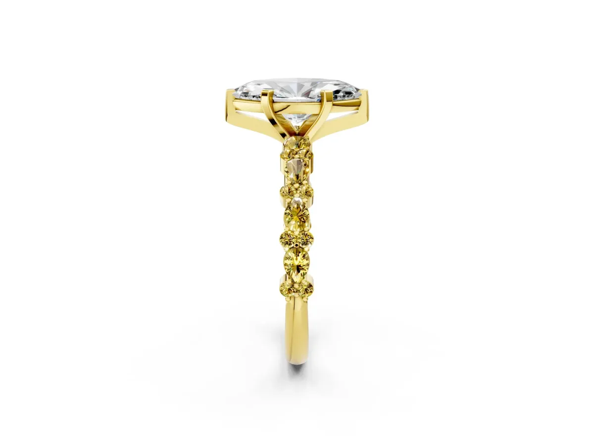 Marquise Cut Diamond Side Stone Solitaire Ring with Round Yellow Sapphire and Four-Prong Setting Yellow gold
