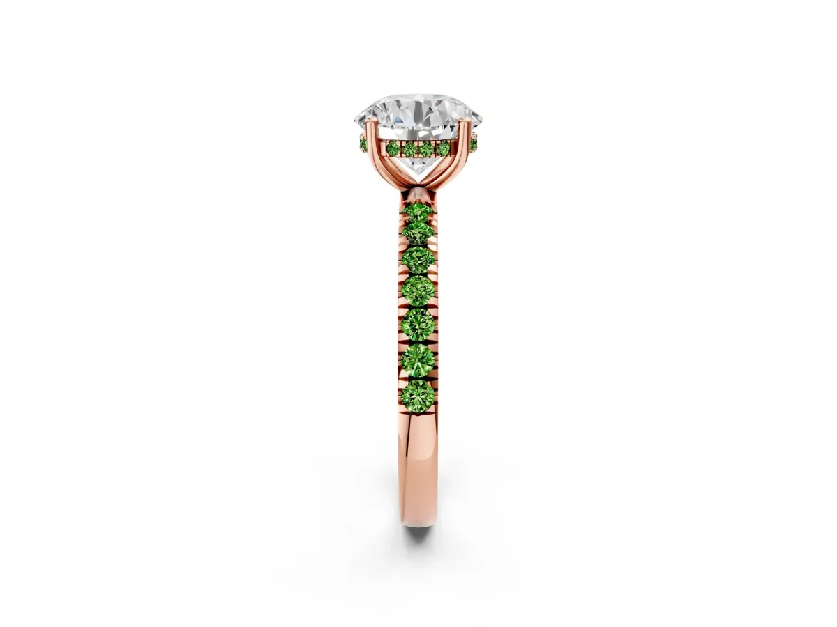 Round Cut Diamond Pave Band Solitaire Ring with Round Peridot and Prong Setting Rose gold