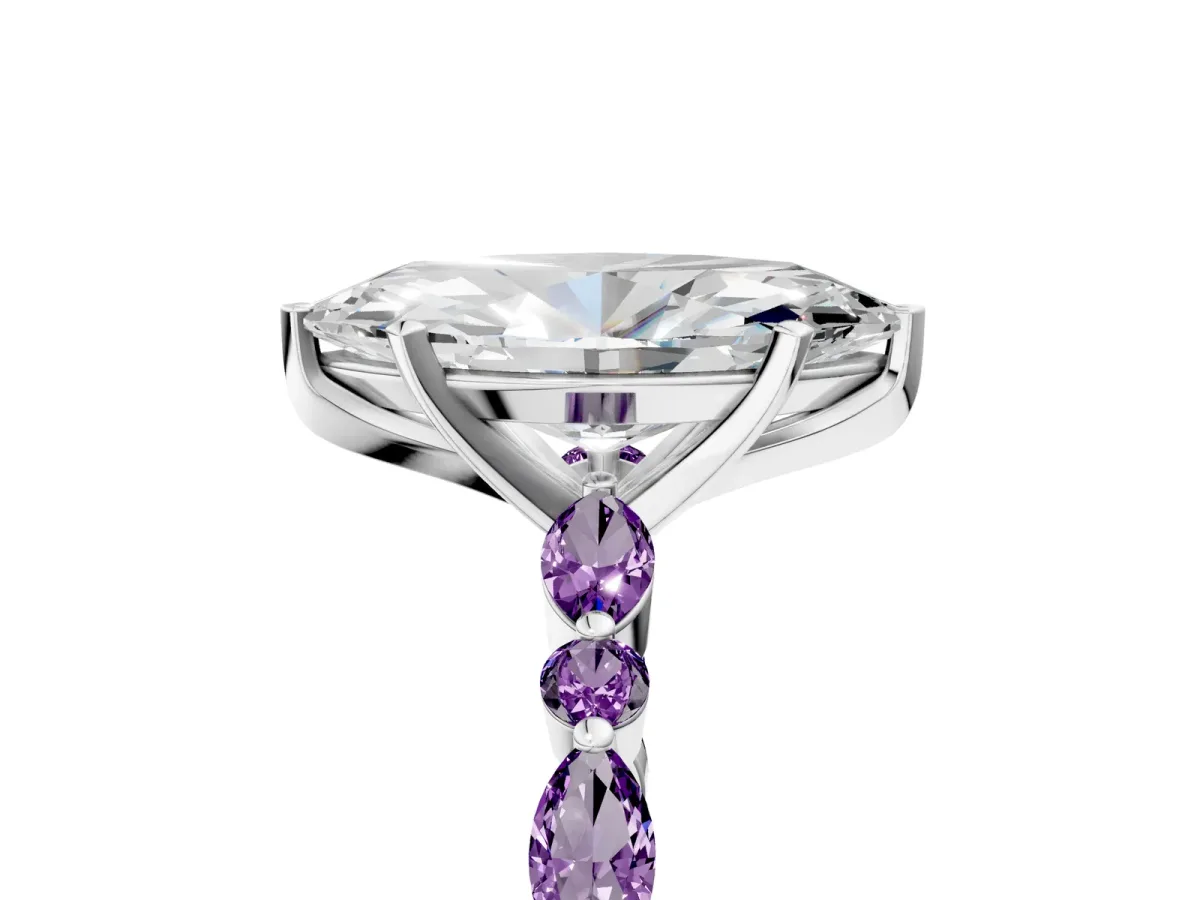 Marquise Cut Diamond Ring with Marquise and Round Amethyst Side Stones and Four-Prong Setting Silver