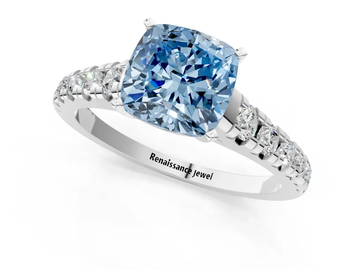 Fancy Blue Cushion Cut Diamond Cathedral Solitaire Ring with Round Pavé Band Platinum