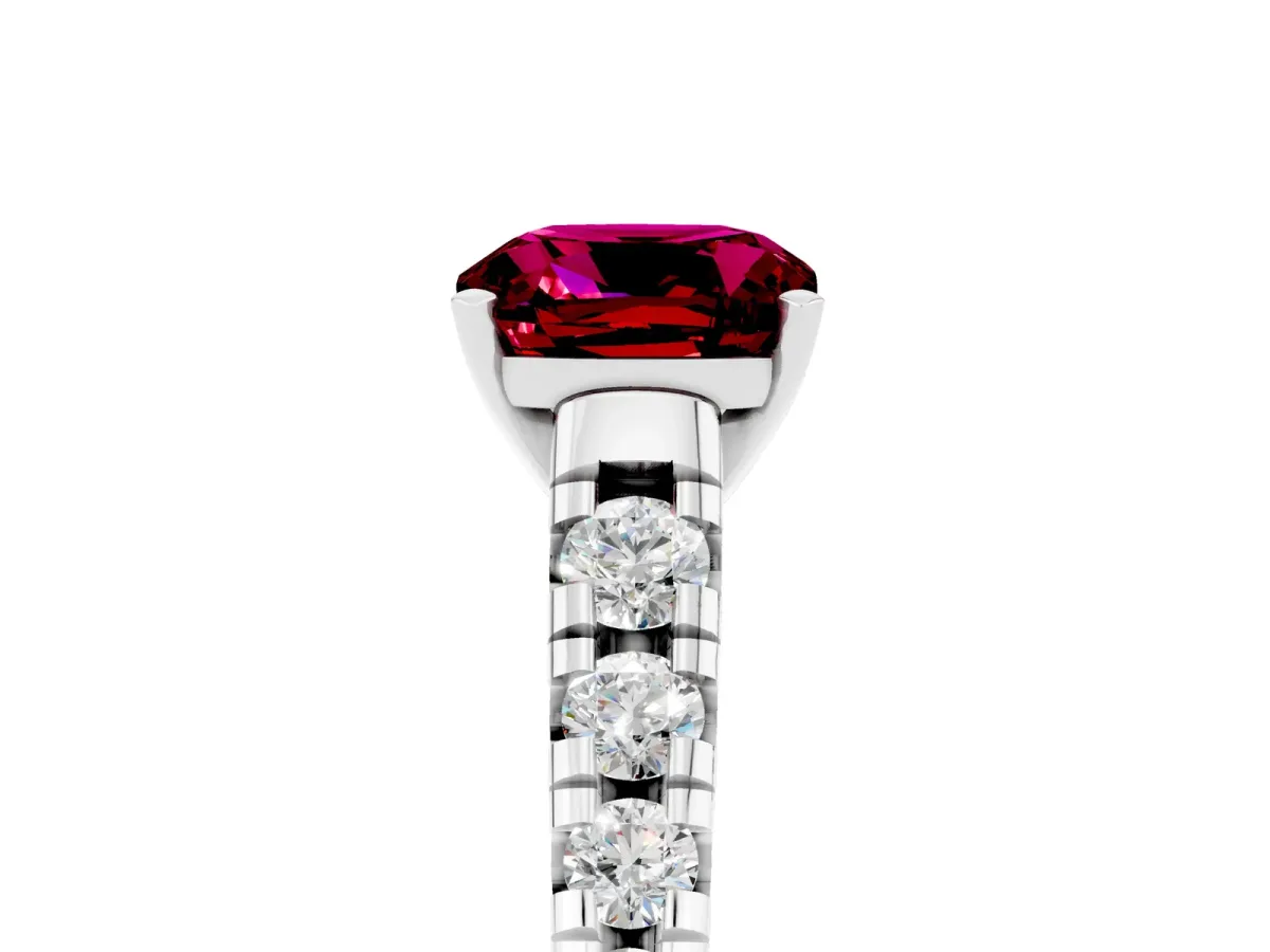 Cushion Cut Garnet Cathedral Solitaire Ring with Round Pavé Band White gold