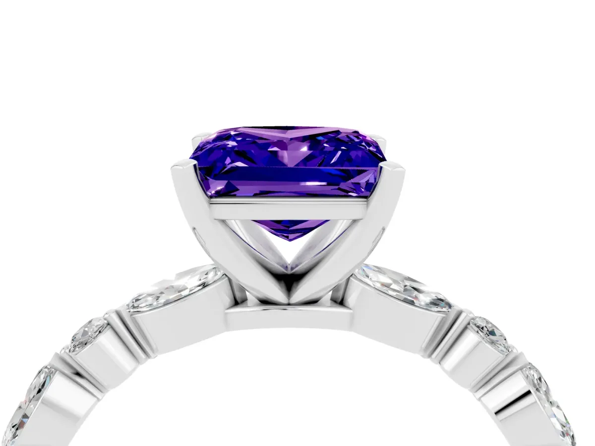 Princess Cut Tanzanite Ring with Marquise and Round Side Stones and Four-Prong Setting Silver
