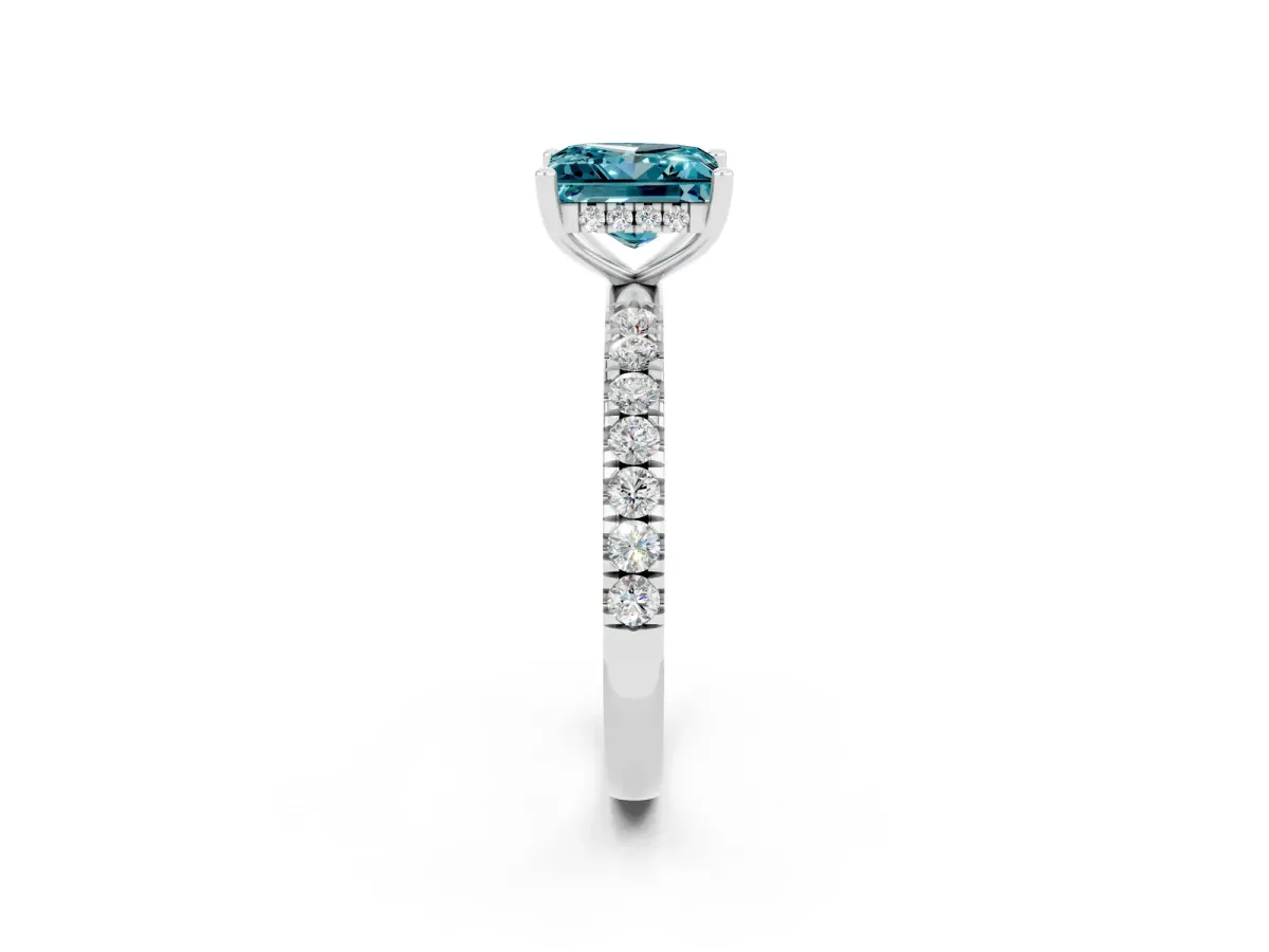 Princess Cut Blue Topaz Pave Band Solitaire Ring with Round and Prong Setting Platinum