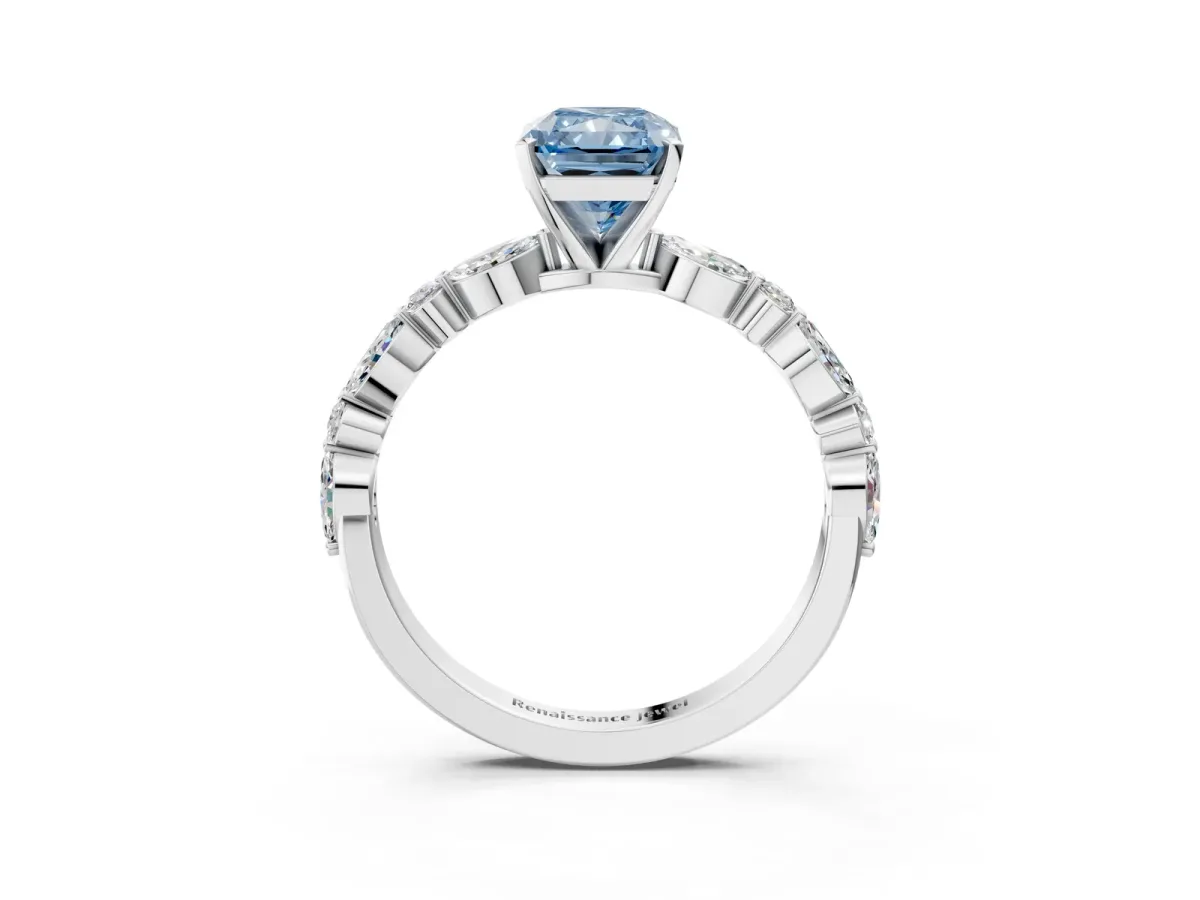 Fancy Blue Radiant Cut Diamond Ring with Marquise and Round Side Stones and Four-Prong Setting Silver
