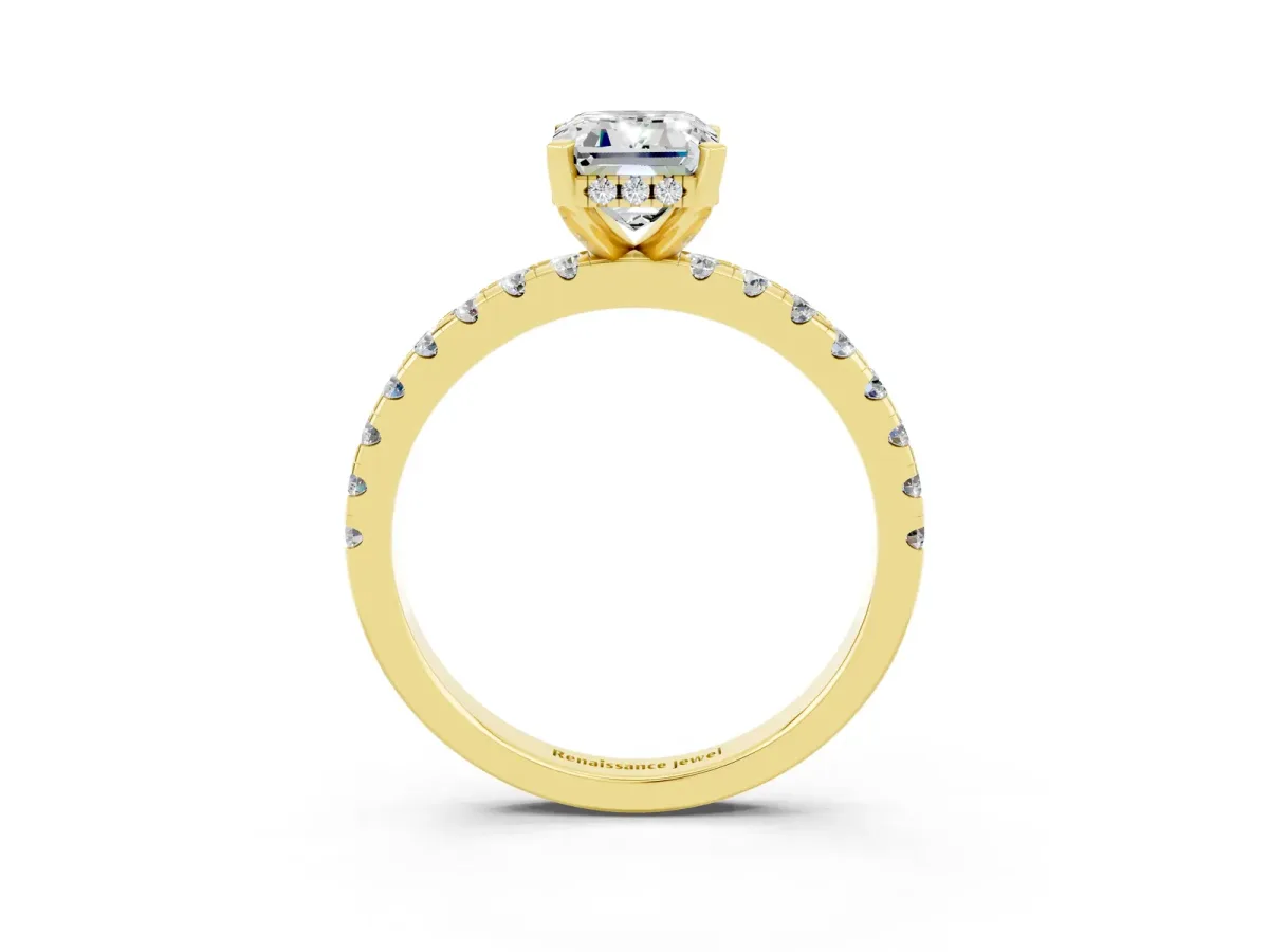 Emerald Cut Moissanite Solitaire Ring with Round Pavé Band and Four-Prong Setting Yellow gold