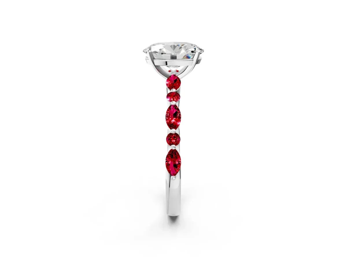 Oval Cut Diamond Ring with Marquise and Round Ruby Side Stones and Four-Prong Setting Silver