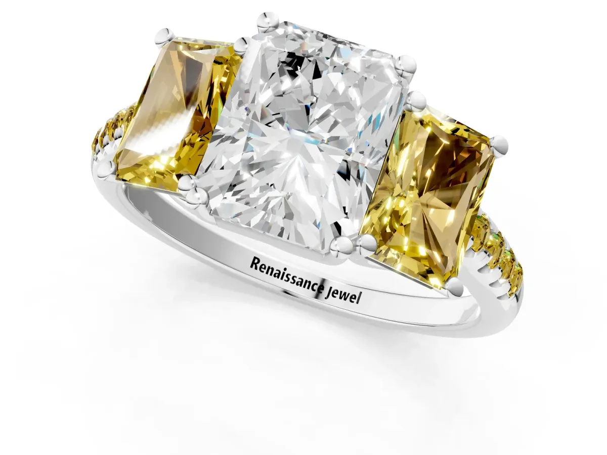 Three-Stone Radiant Cut Diamond Ring with Round Yellow Sapphire Pavé Band and Prong Setting Silver