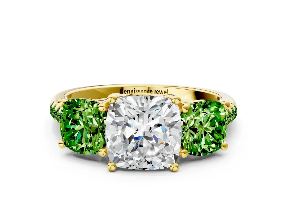 Three-Stone Cushion Cut Diamond Ring with Round Peridot Pavé Band and Prong Setting Yellow gold