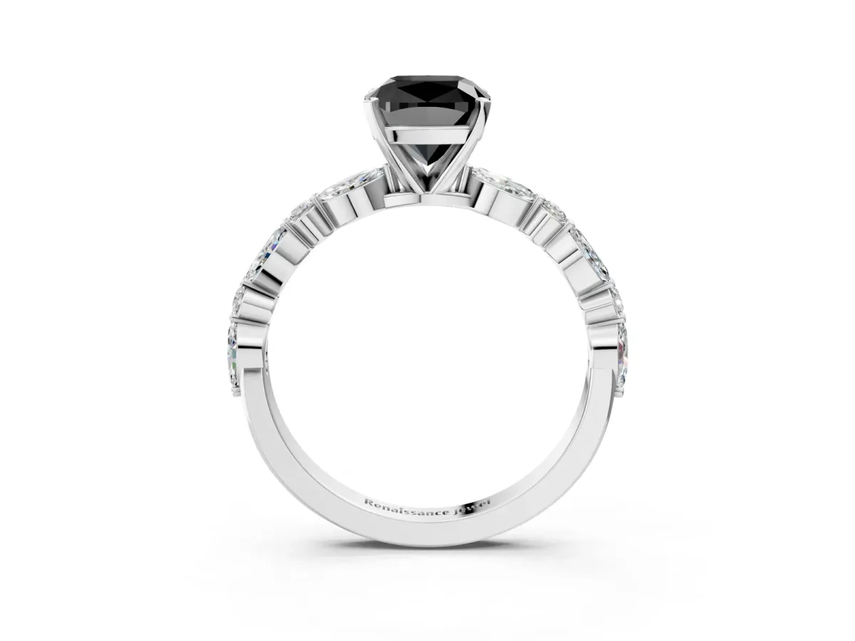 Fancy Black Cushion Cut Diamond Ring with Marquise and Round Side Stones and Four-Prong Setting Silver