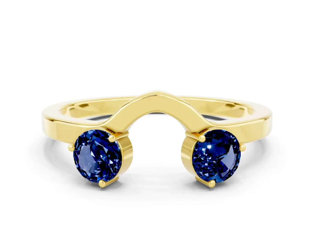 Dual Round Blue Sapphire Open Band Ring with Prong Setting Yellow gold