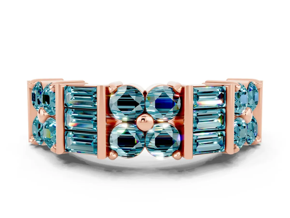 Channel Set Round and Baguette Blue Topaz Anniversary Band with Prong Setting Rose gold
