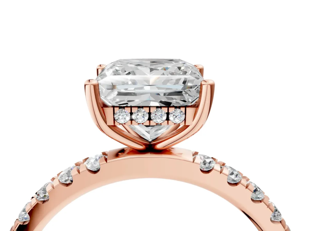 Princess Cut Diamond Pave Band Solitaire Ring with Round and Prong Setting Rose gold
