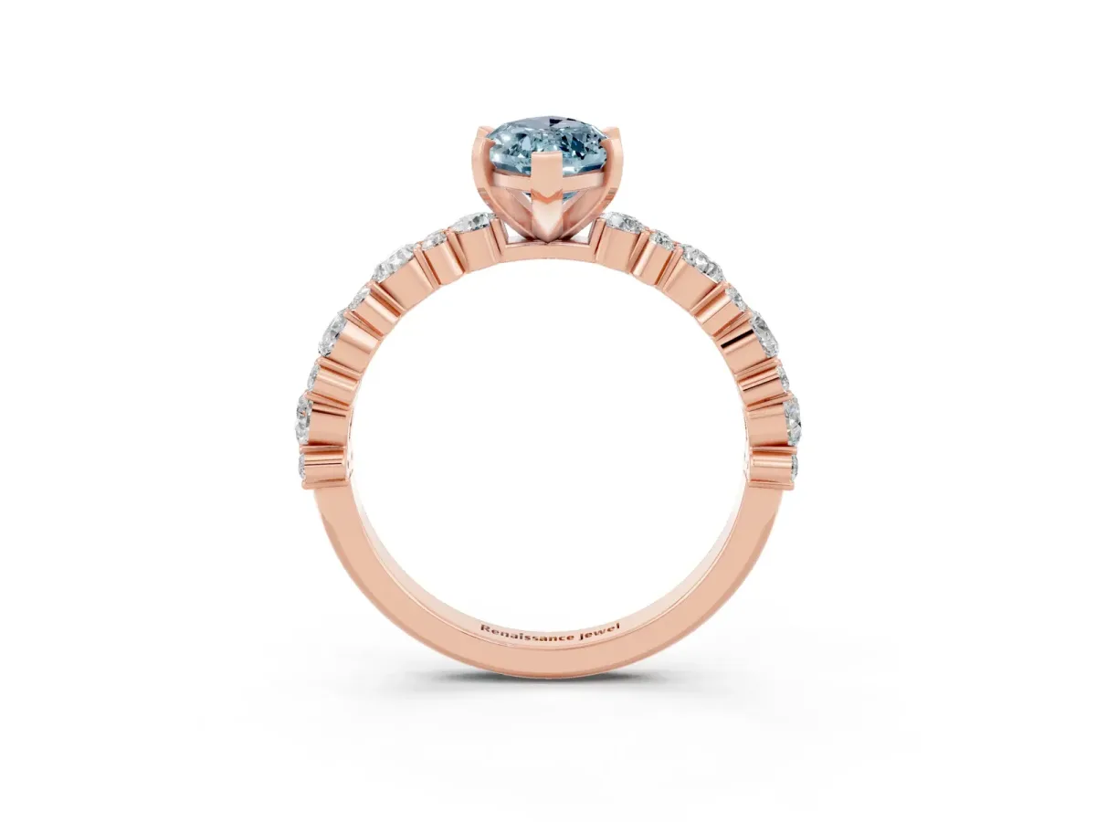Marquise Cut Aquamarine Side Stone Solitaire Ring with Round and Four-Prong Setting Rose gold