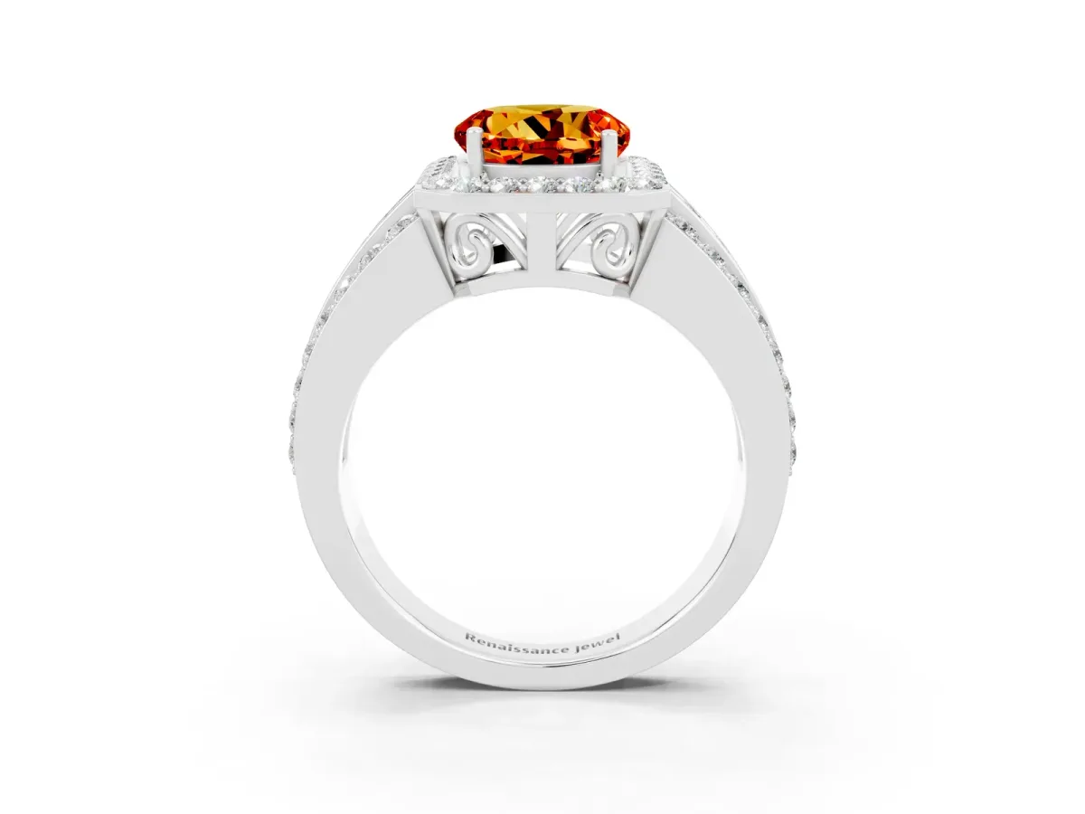 Round Cut Halo Citrine Ring with Round Split Shank and Prong Setting Silver
