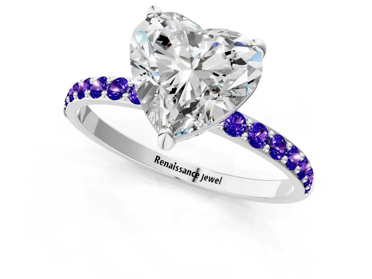 Heart Cut Diamond Solitaire Ring with Round Tanzanite Pavé Band and Prong Setting Platinum