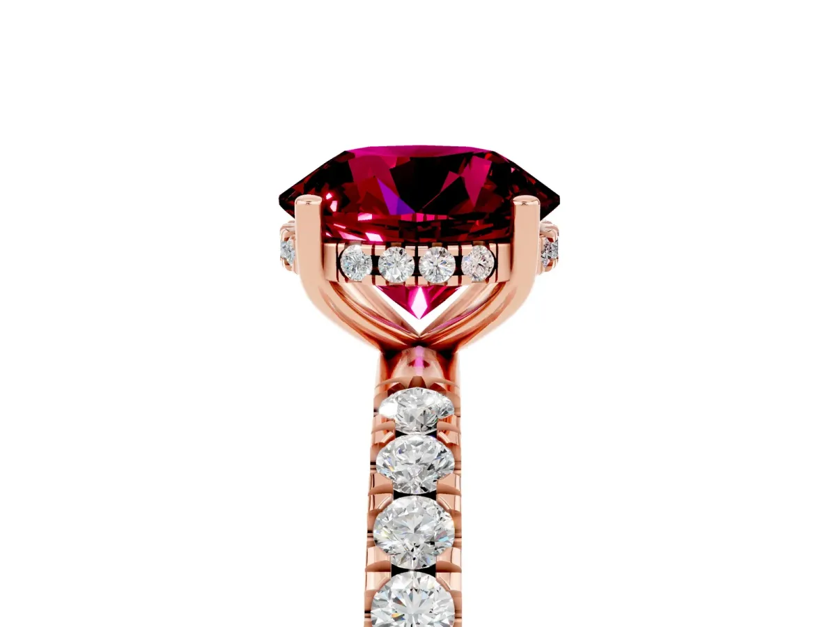 Round Cut Garnet Pave Band Solitaire Ring with Round and Prong Setting Rose gold