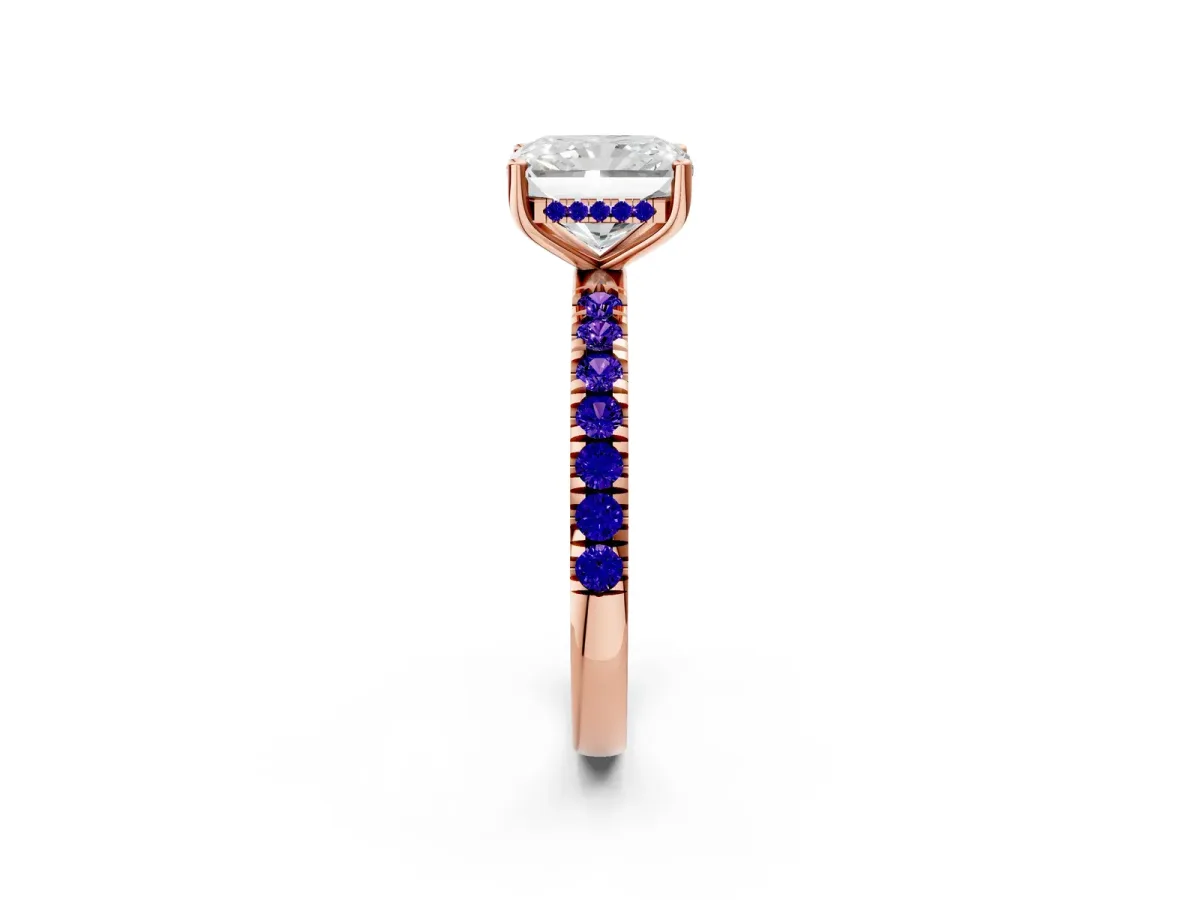 Radiant Cut Diamond Pave Band Solitaire Ring with Round Tanzanite and Prong Setting Rose gold