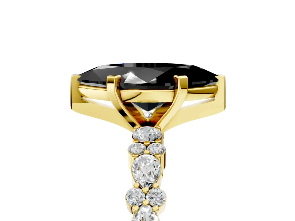 Fancy Black Marquise Cut Diamond Side Stone Solitaire Ring with Round and Four-Prong Setting Yellow gold