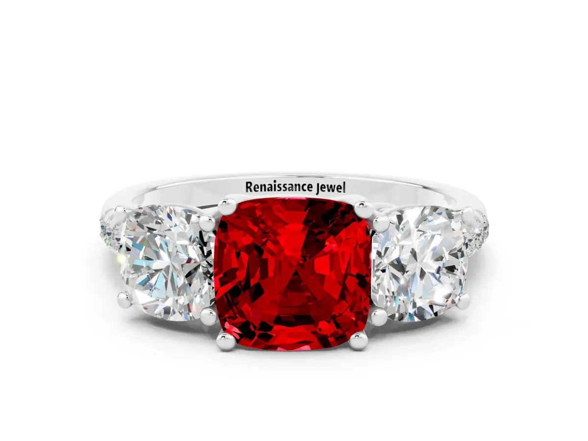 Three-Stone Cushion Cut Ruby Ring with Round Pavé Band and Prong Setting White gold