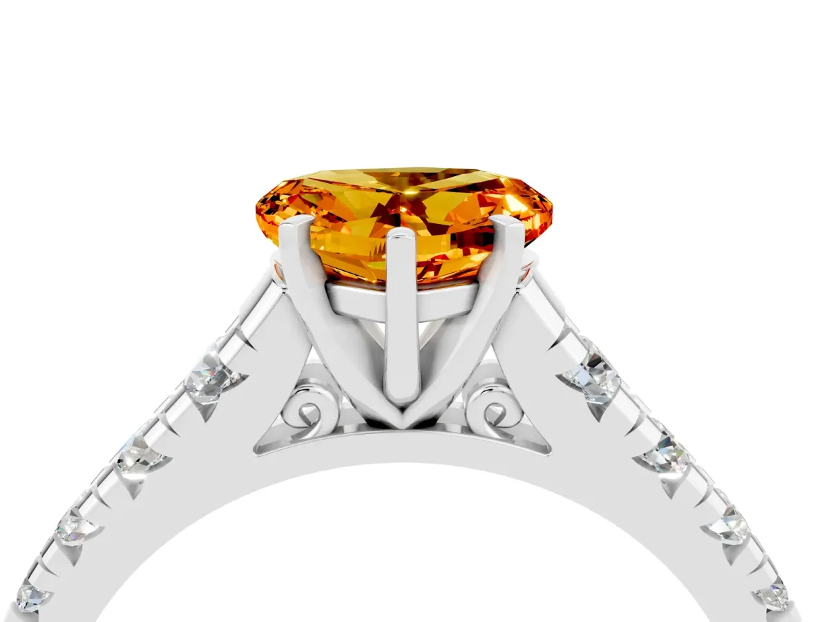Heart Cut Citrine Cathedral Solitaire Ring with Round Pavé Band Platinum