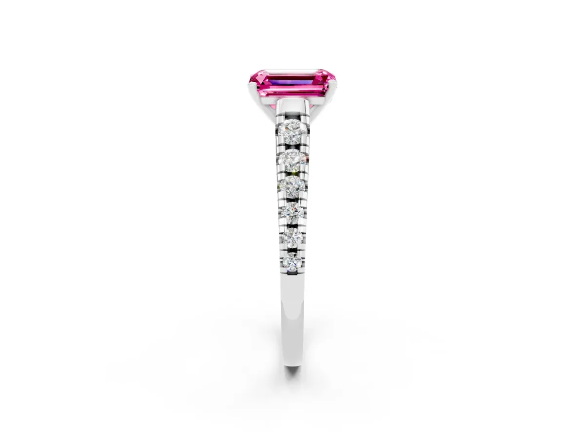 Emerald Cut Pink Sapphire Cathedral Solitaire Ring with Round Pavé Band Silver
