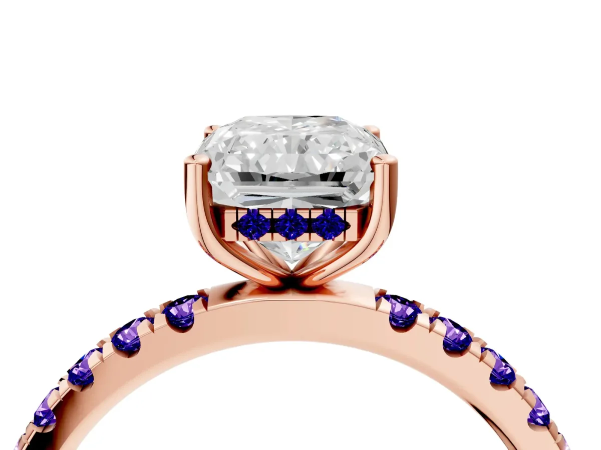 Radiant Cut Diamond Pave Band Solitaire Ring with Round Tanzanite and Prong Setting Rose gold