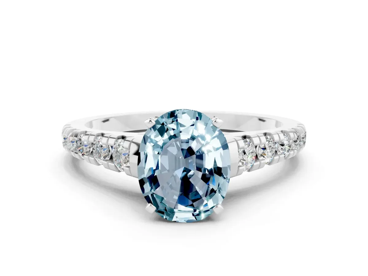 Oval Cut Aquamarine Cathedral Solitaire Ring with Round Pavé Band White gold