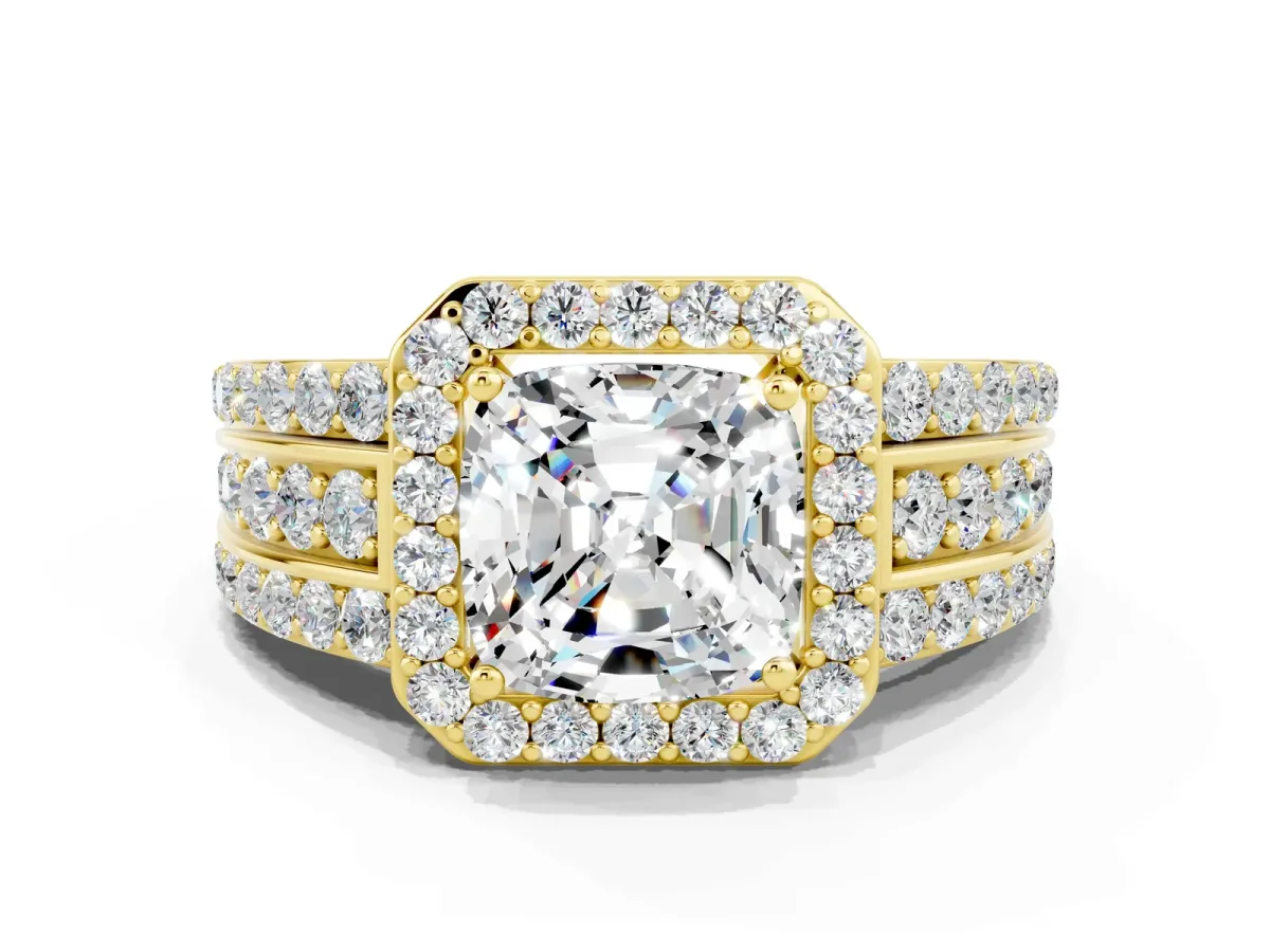 Cushion Cut Halo Moissanite Ring with Round Split Shank and Prong Setting Yellow gold