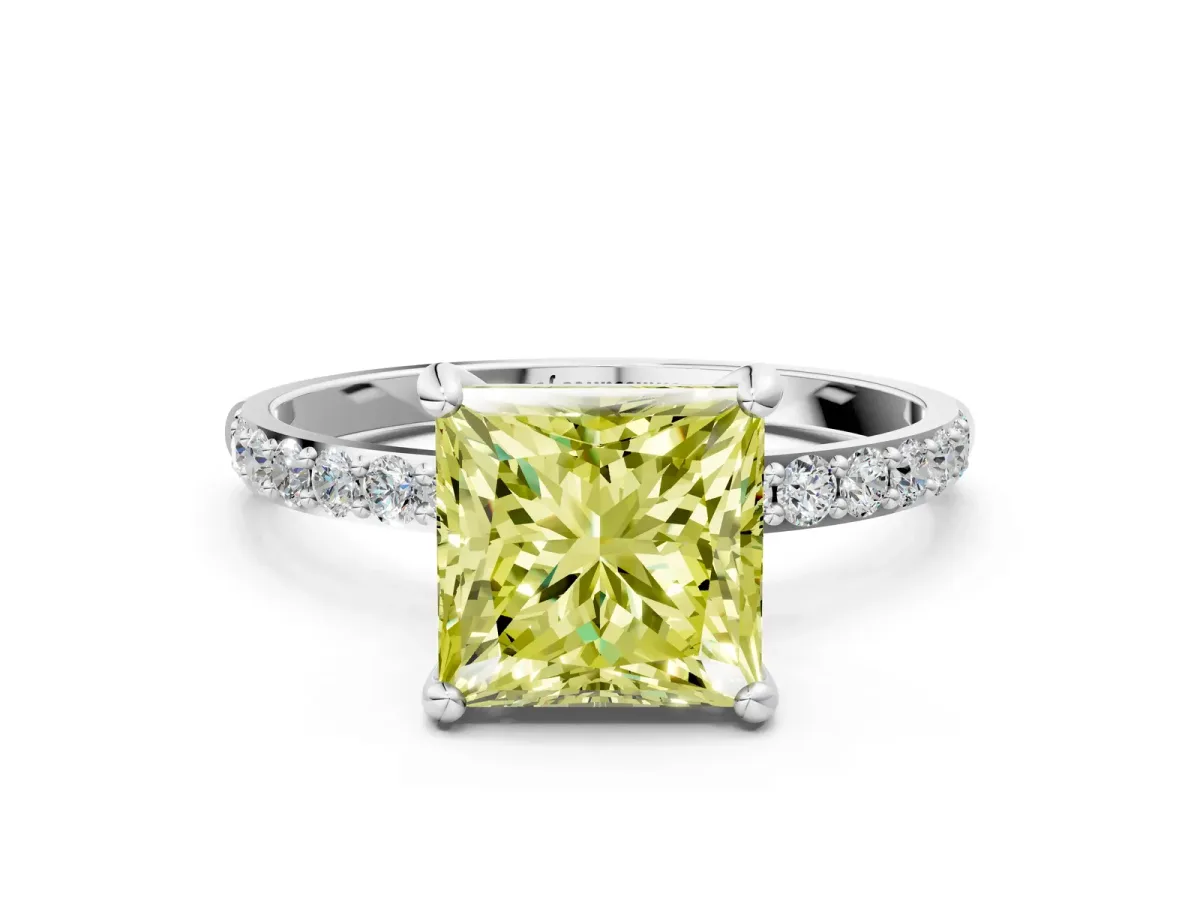 Fancy Yellow Princess Cut Diamond Solitaire Ring with Round Pavé Band and Prong Setting Silver