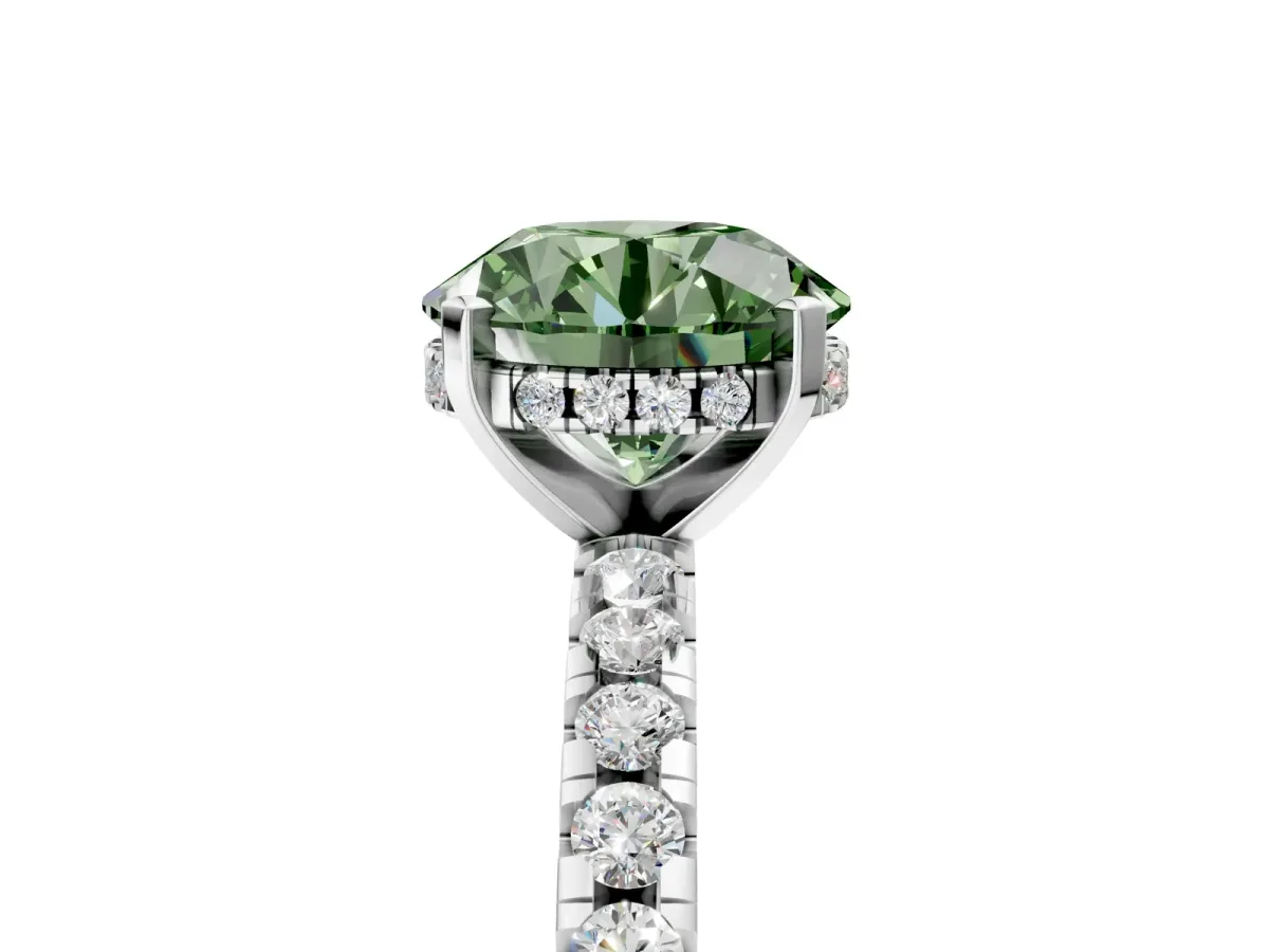 Fancy Green Round Cut Diamond Solitaire Ring with Round Pavé Band and Four-Prong Setting White gold