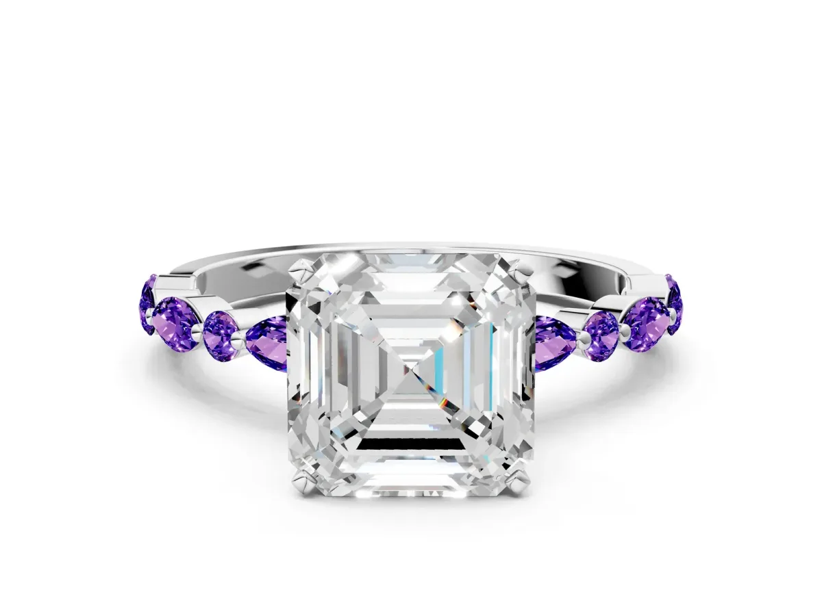 Asscher Cut Diamond Ring with Marquise and Round Tanzanite Side Stones and Four-Prong Setting Silver
